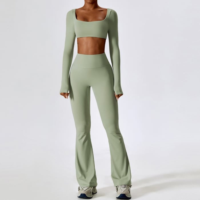 BREEHER Crop Top Long Sleeves Hip Lifting Two Piece Set Sports Suits