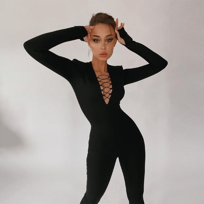 Sexy Hollow Cross Strap Long Sleeve Solid Color Jumpsuit