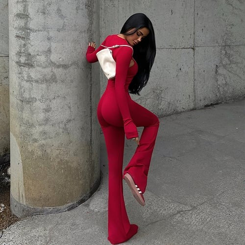 Sexy Hollow Round Neck Long Ssleeve Backless Jumpsuit Suits