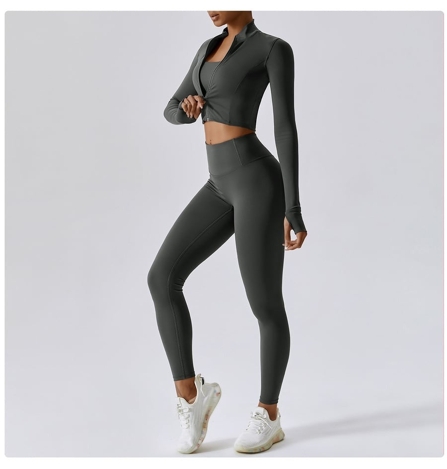 BREEHER Zipper Long Sleeves Leggings Three Piece Set Sports Suits