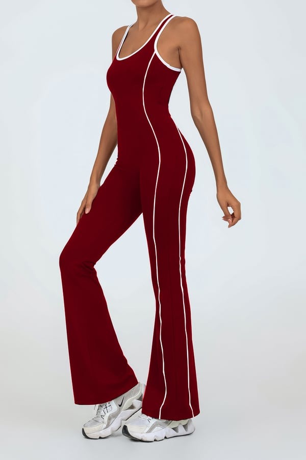 Backless Colorblock Nude Sports Fitness One-Piece Flared Jumpsuit with Chest Pad