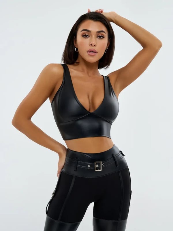Sexy PU Deep V Cropped Yoga Bra Top