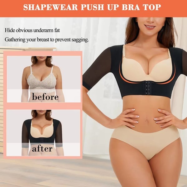 Adjustable Hook Eye U-neck Mesh 3/4 Sleeve Body Shaping Top