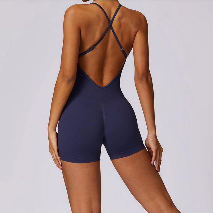 BREEHER Cross Straps Ribbed Highly Elastic Shorts Jumpsuit