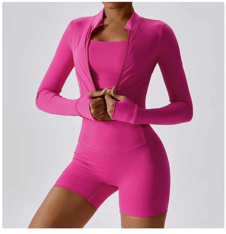 BREEHER Zipper Long Sleeves Shorts Three Piece Set Sports Suits
