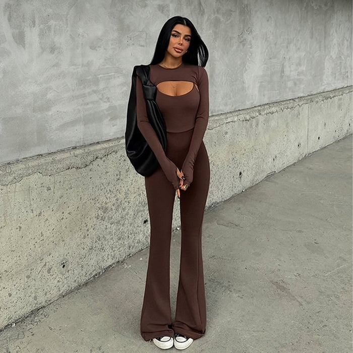 Sexy Hollow Round Neck Long Ssleeve Backless Jumpsuit Suits