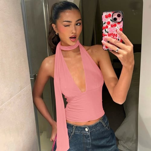 Sexy Neck Tie Low Cut Back Hollow Strap Top