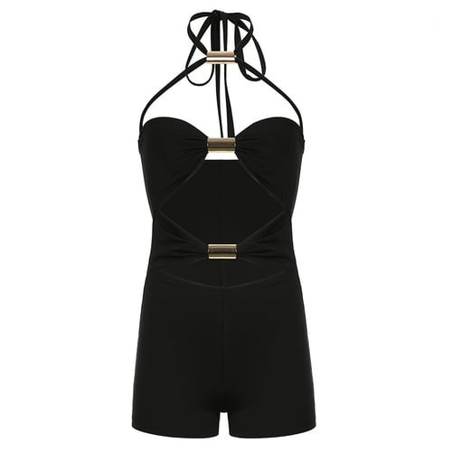 Sexy Hollow Metal Stitching Halter Neck Jumpsuit Romper
