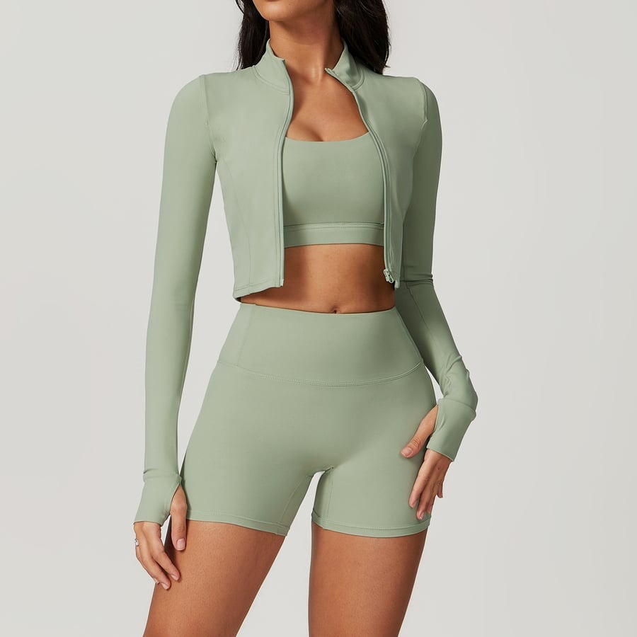 BREEHER Zipper Long Sleeves Shorts Three Piece Set Sports Suits