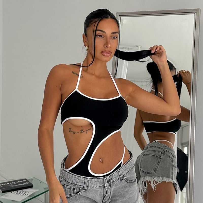 Contrast Panel Lace-Up Halter Bodysuit