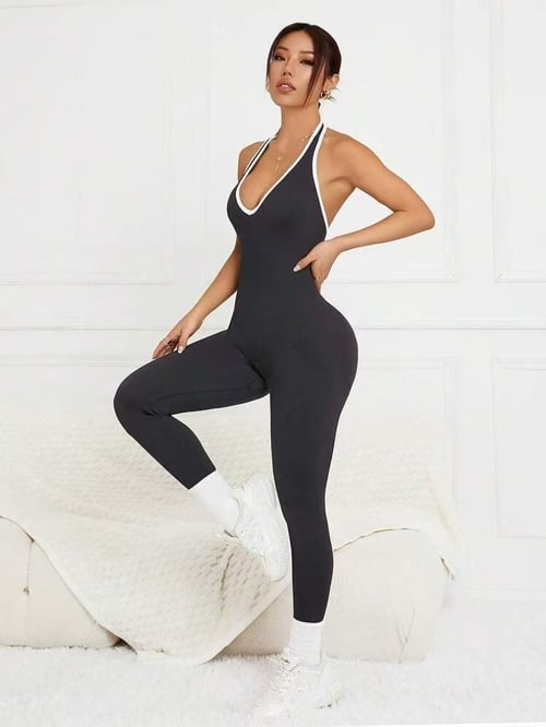Contrast Color Hollow Out Ribbed Scrunch Bum Jumpsuit