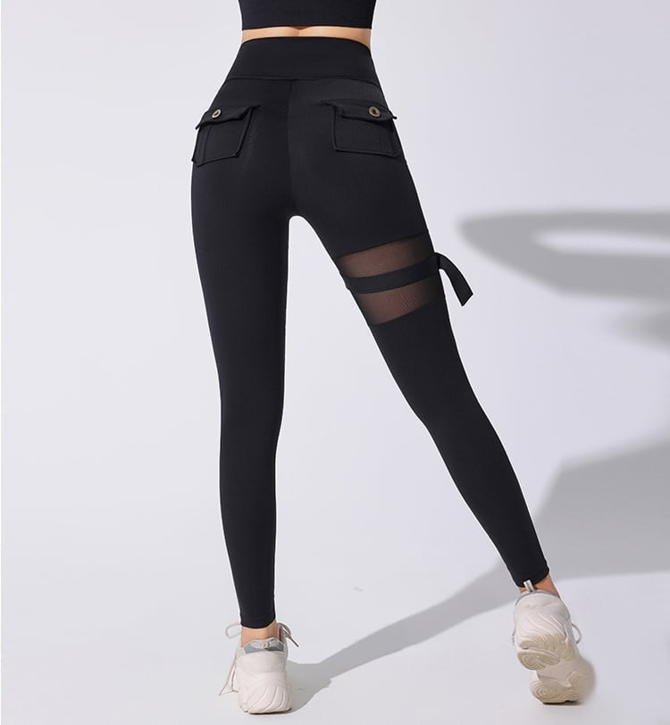 Mesh Functional Button High Waist Sexy Peach Hip Lifting Yoga Leggings