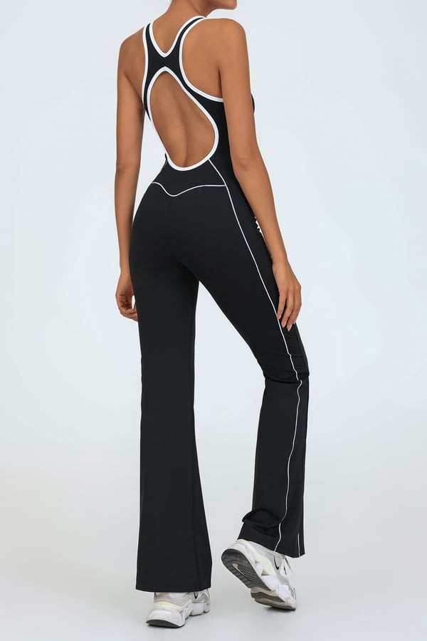 Backless Colorblock Nude Sports Fitness One-Piece Flared Jumpsuit with Chest Pad