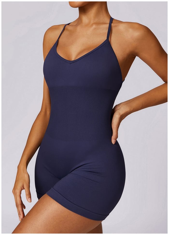 BREEHER Cross Straps Ribbed Highly Elastic Shorts Jumpsuit