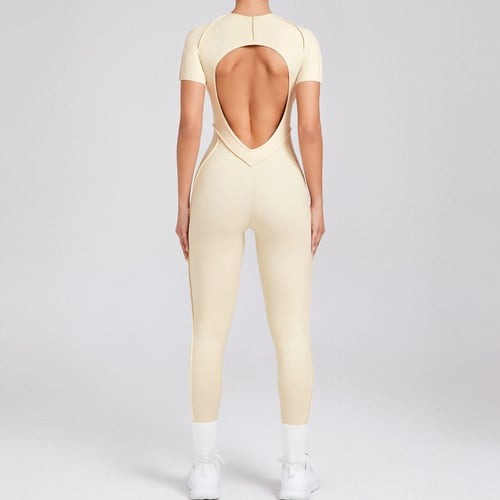 Reverse Line Sexy Backless Solid Color Short Sleeve Tight Jumpsuit