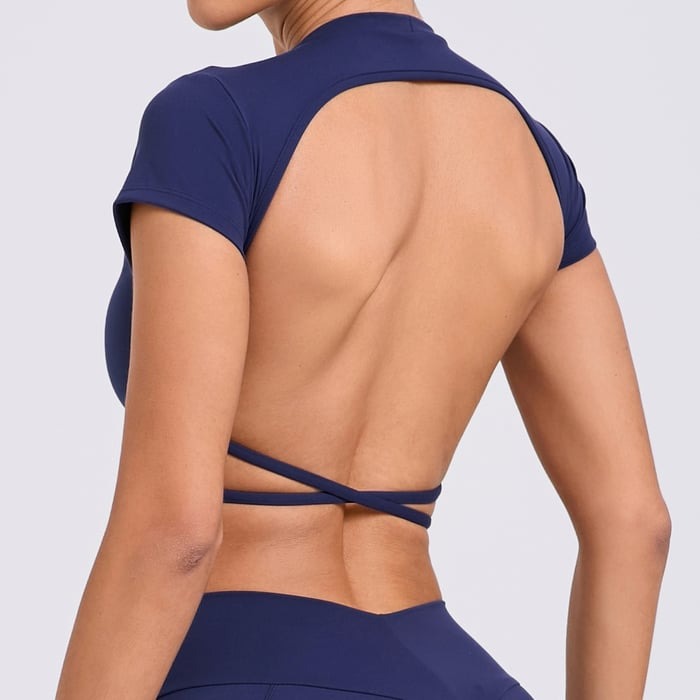 Backless Cross Strap Yoga Short Sleeve Top With Chest Pads