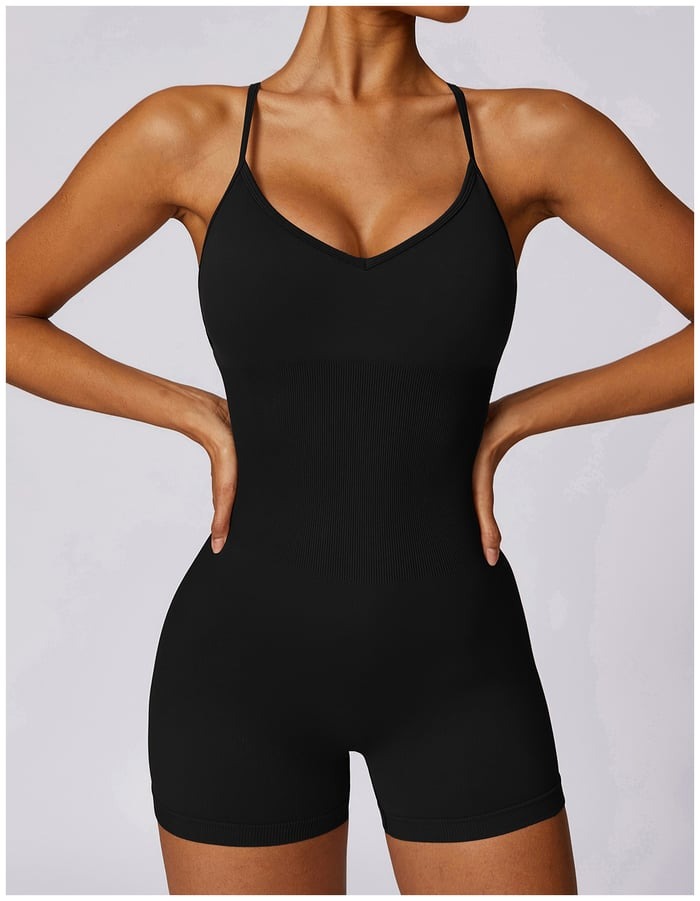 BREEHER Cross Straps Ribbed Highly Elastic Shorts Jumpsuit