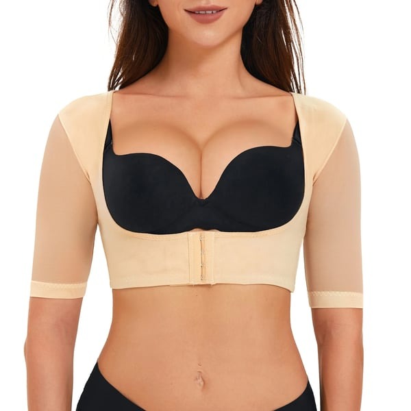 Adjustable Hook Eye U-neck Mesh 3/4 Sleeve Body Shaping Top