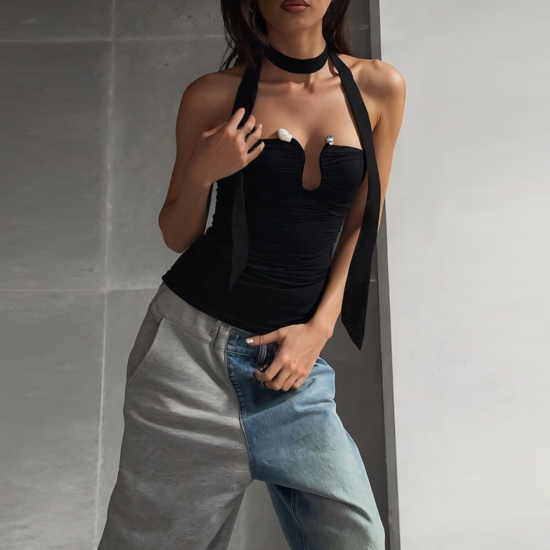 Ribbon Beaded Metal Ring Low-cut Solid Color Tube Top