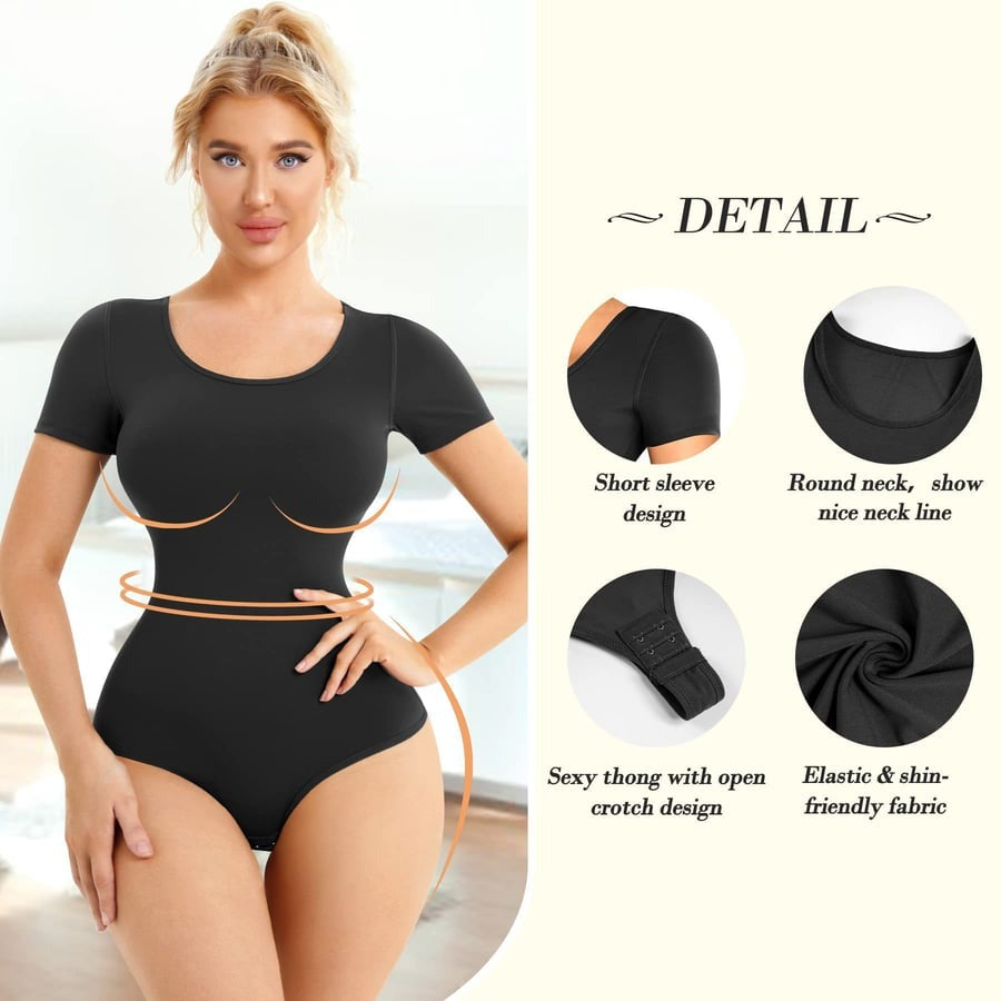 Seamless Round Neck Short Sleeve Thong Tummy Control Body Shaper Bodysuits