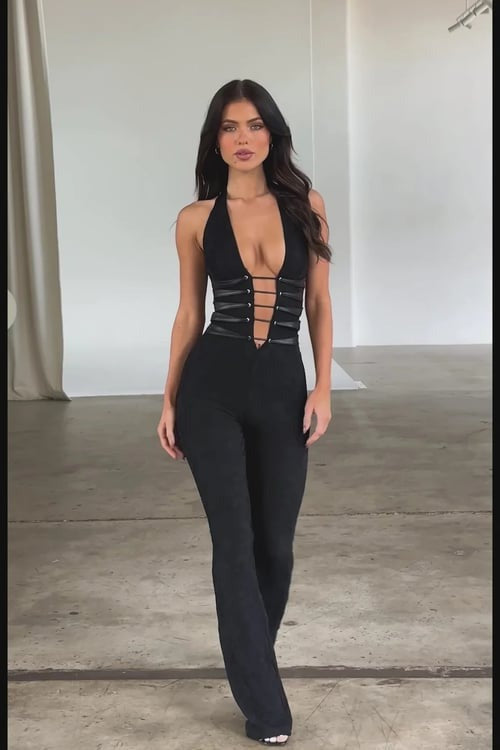 Sexy Lace Hollow Halterneck Hip Lift Jumpsuit