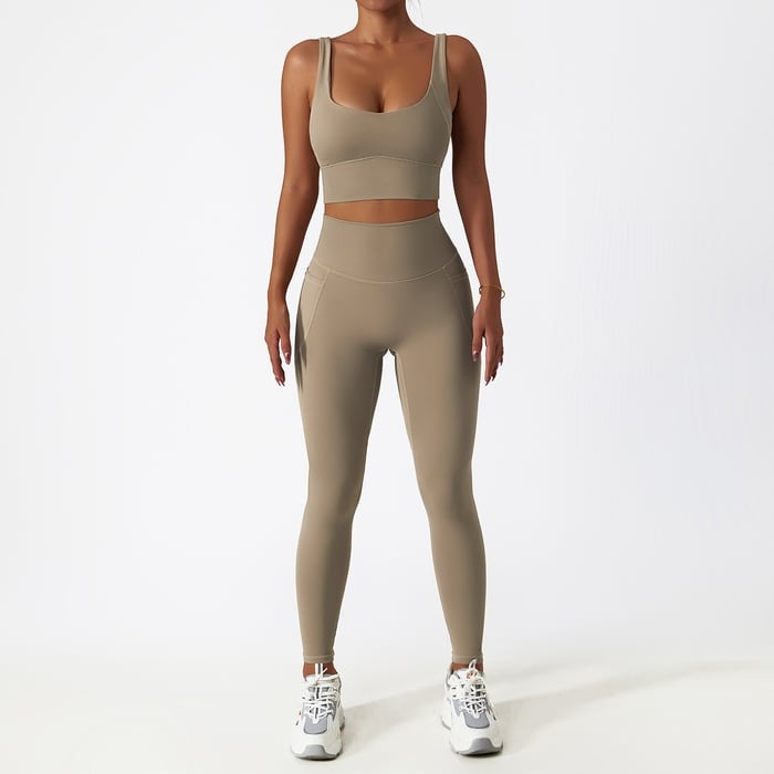 BREEHER U Neck Vest Hip Lifting Leggings Two Piece Set Sports Suits
