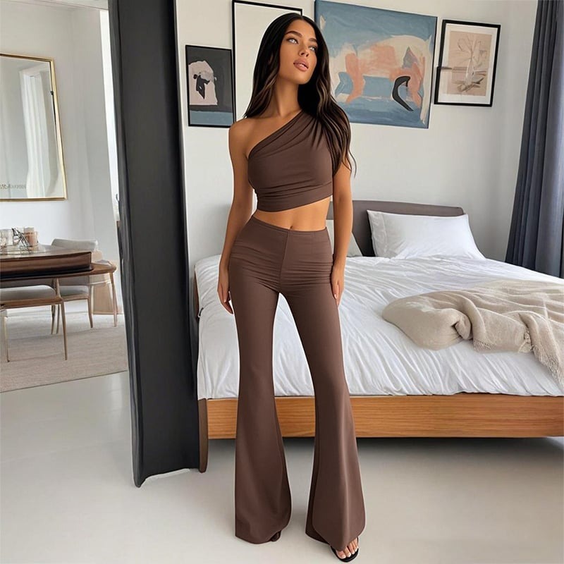 Irregular Solid Color Cropped Top Flared Leggings Sets