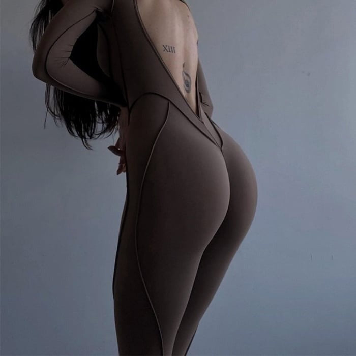 Reverse Line Sexy Backless Solid Color Long Sleeve Tight Jumpsuit
