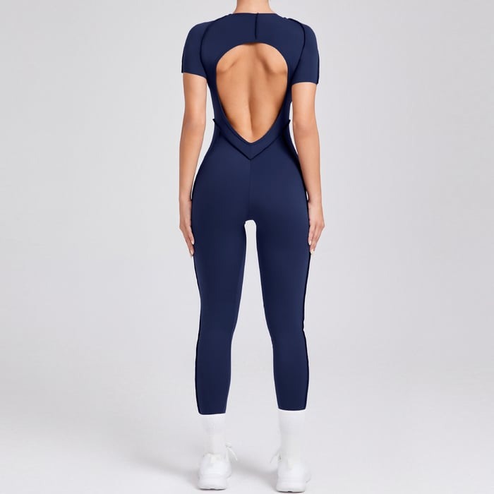 Reverse Line Sexy Backless Solid Color Short Sleeve Tight Jumpsuit