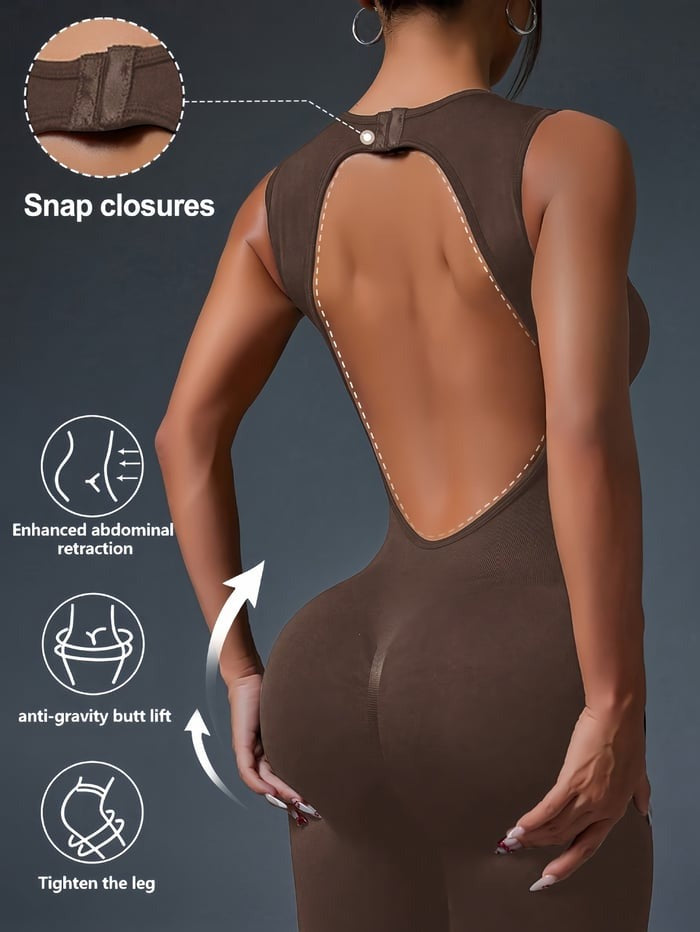 Snap Closures Backless Peach Hip Lift Yoga Jumpsuit