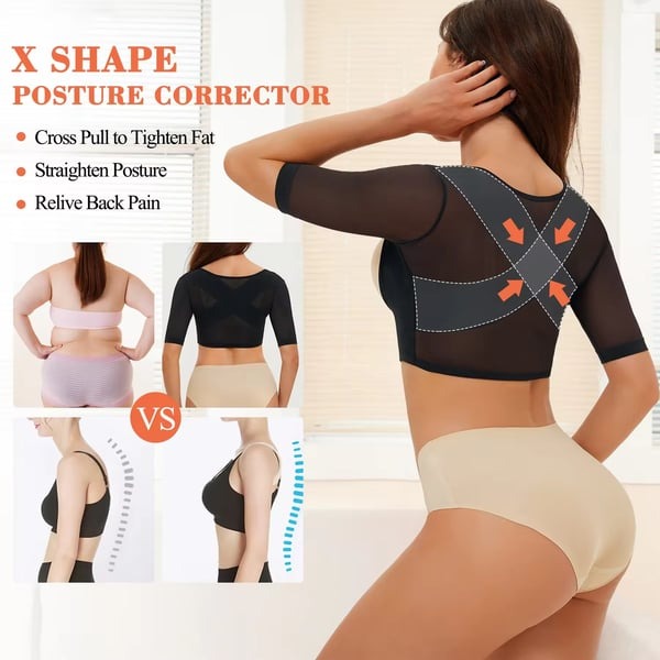 Adjustable Hook Eye U-neck Mesh 3/4 Sleeve Body Shaping Top