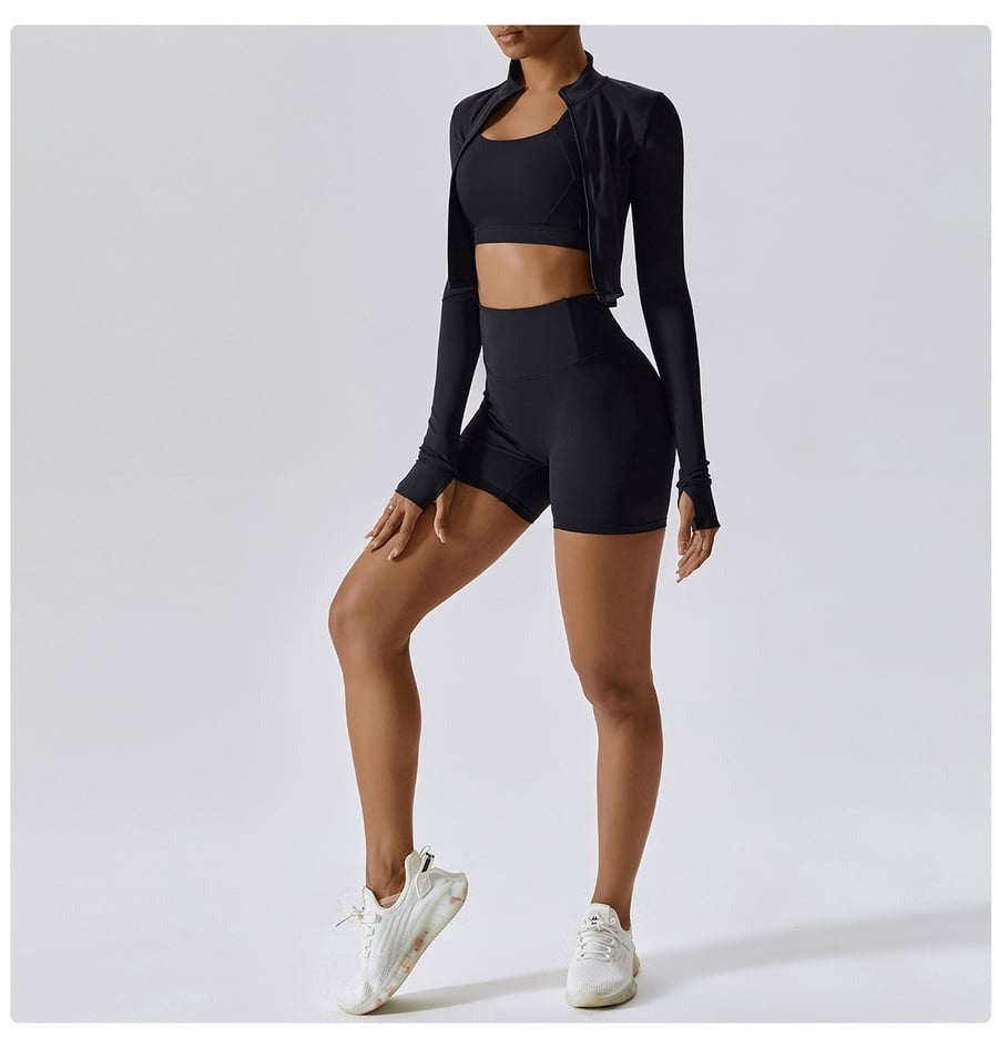 BREEHER Zipper Long Sleeves Shorts Three Piece Set Sports Suits