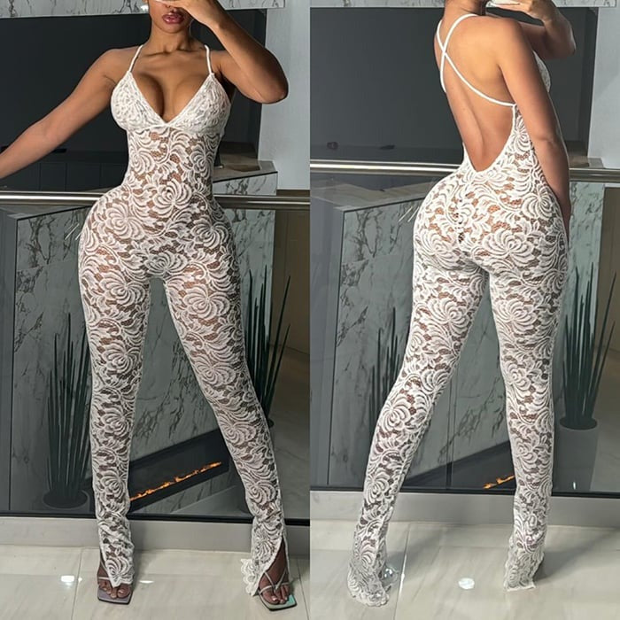 Sexy Deep V Suspender Backless Lace See-through Jumpsuit