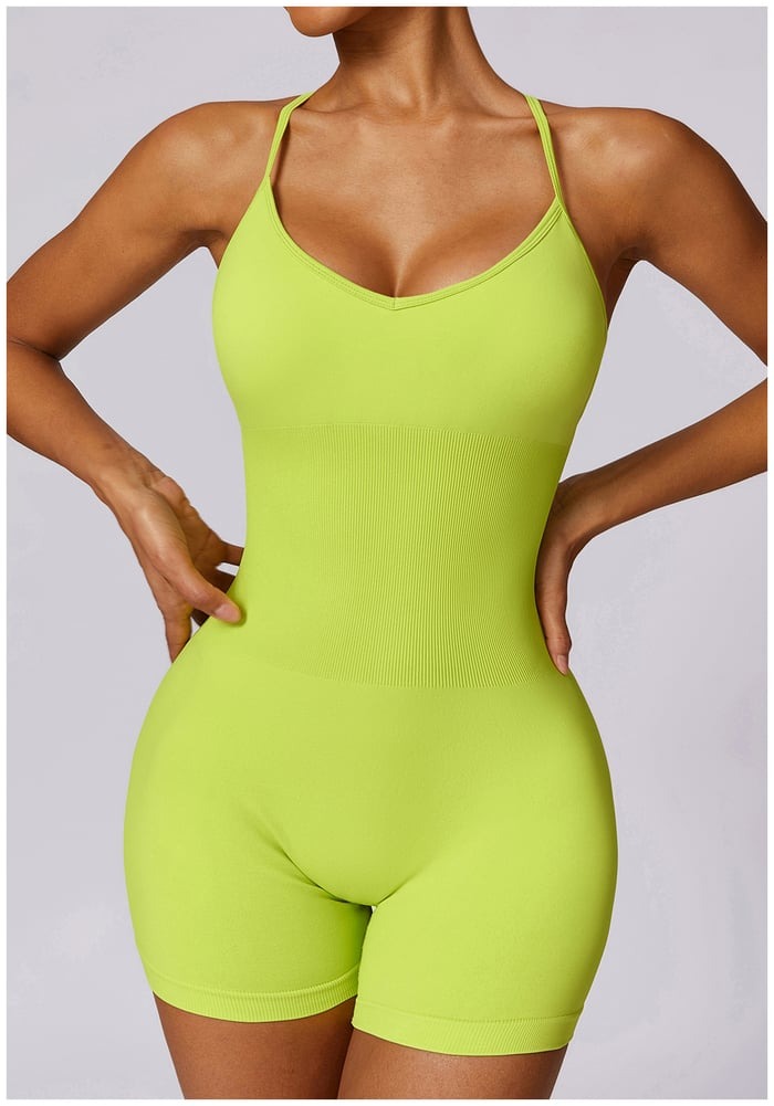BREEHER Cross Straps Ribbed Highly Elastic Shorts Jumpsuit