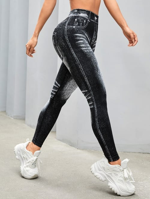 Peach Faux Denim Deep V Back Seamless Yoga Scrunch Bum Leggings
