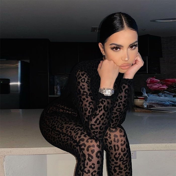 Sexy Leopard Flocking See-through Long-sleeved Jumpsuit