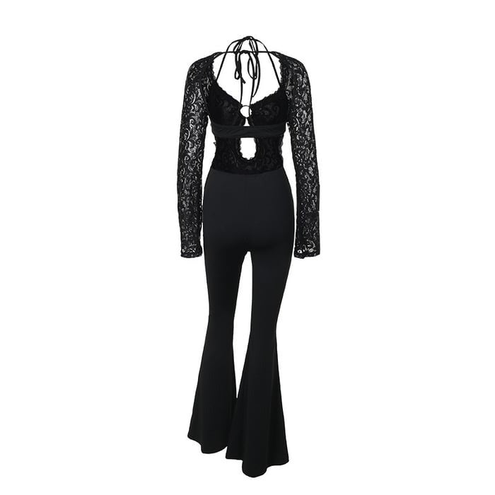 Sexy Lace Hollow Long Sleeve Hip Lift Flares Jumpsuit