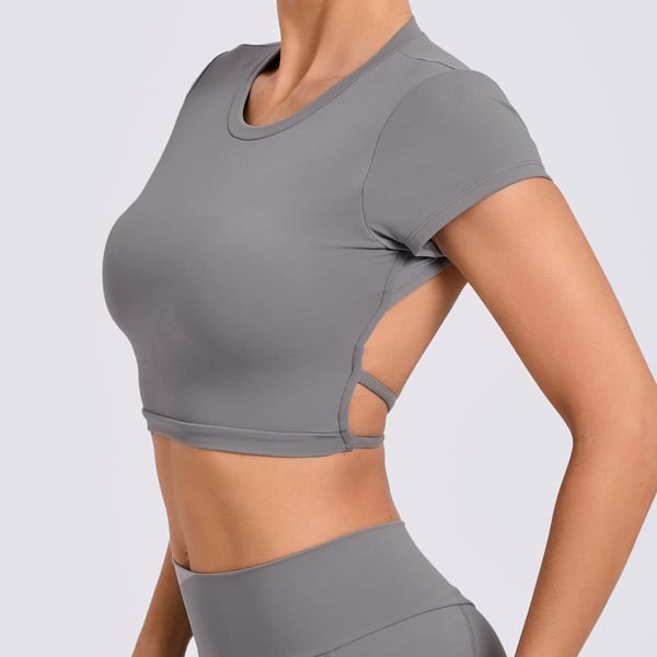 Backless Cross Strap Yoga Short Sleeve Top With Chest Pads