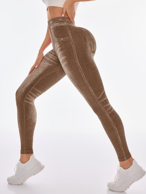 Peach Faux Denim Deep V Back Seamless Yoga Scrunch Bum Leggings