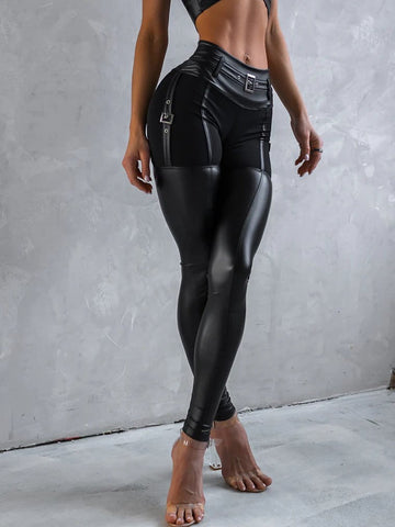 Female Sexy Belt Buckle Pu Yoga Leggings