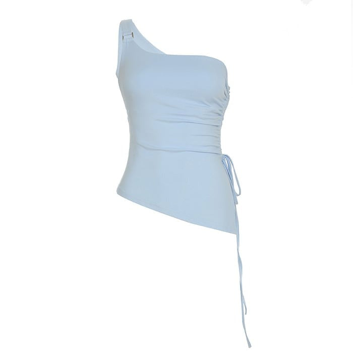 Sexy Pleated Tie One Shoulder Oblique Collar Top