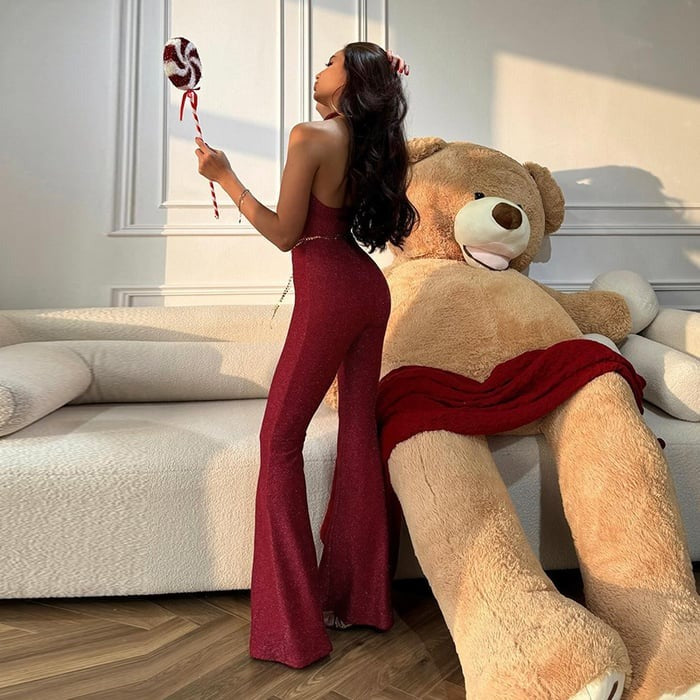 Sexy Backless Halter Neck Sparkling Flared Jumpsuit