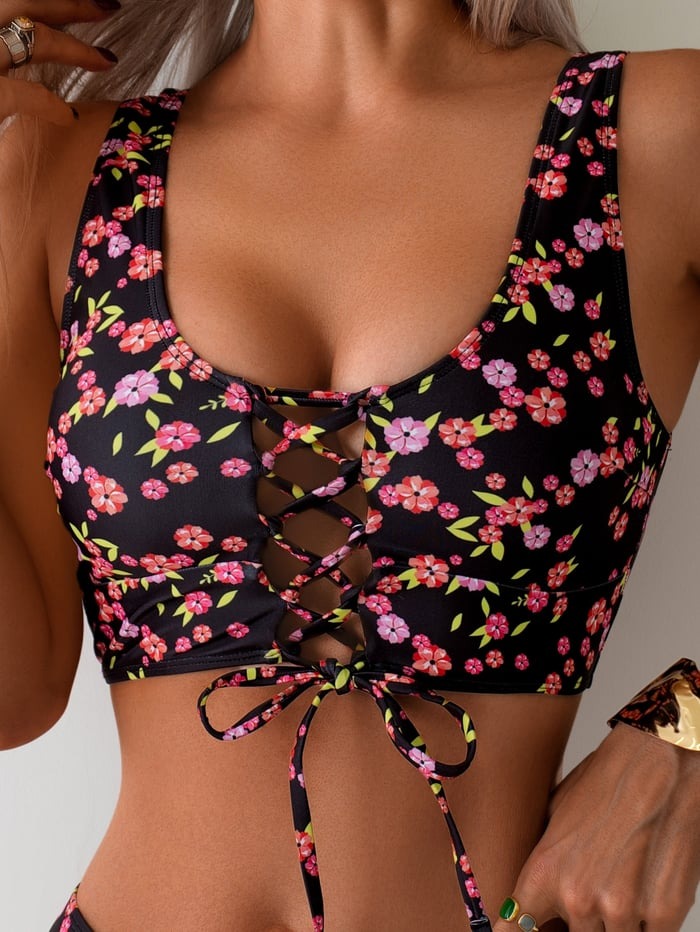 Sexy Lace Up Print Bikini Swimsuit