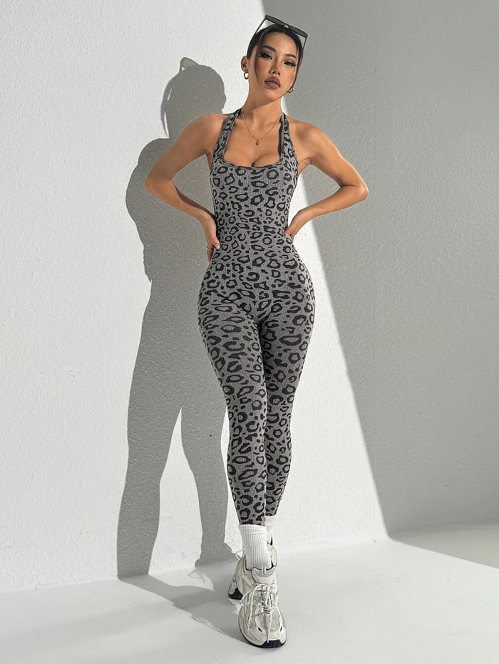 Leopard Backless Halter Sexy Fitness Hip Lifting Yoga Jumpsuit