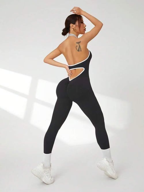 Contrast Color Hollow Out Ribbed Scrunch Bum Jumpsuit