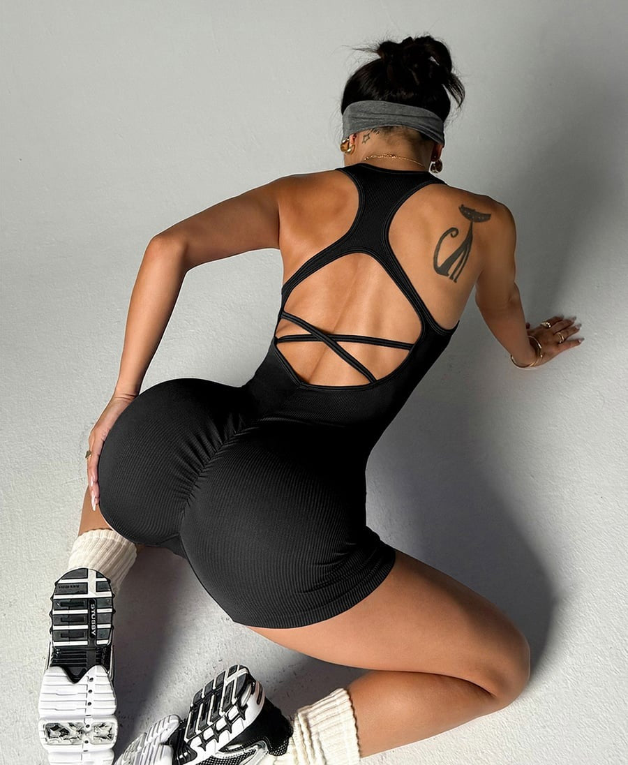 Cross Back Ribbed Short Romper
