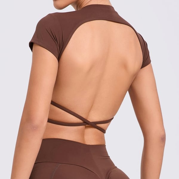 Backless Cross Strap Yoga Short Sleeve Top With Chest Pads
