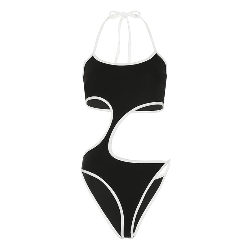 Contrast Panel Lace-Up Halter Bodysuit