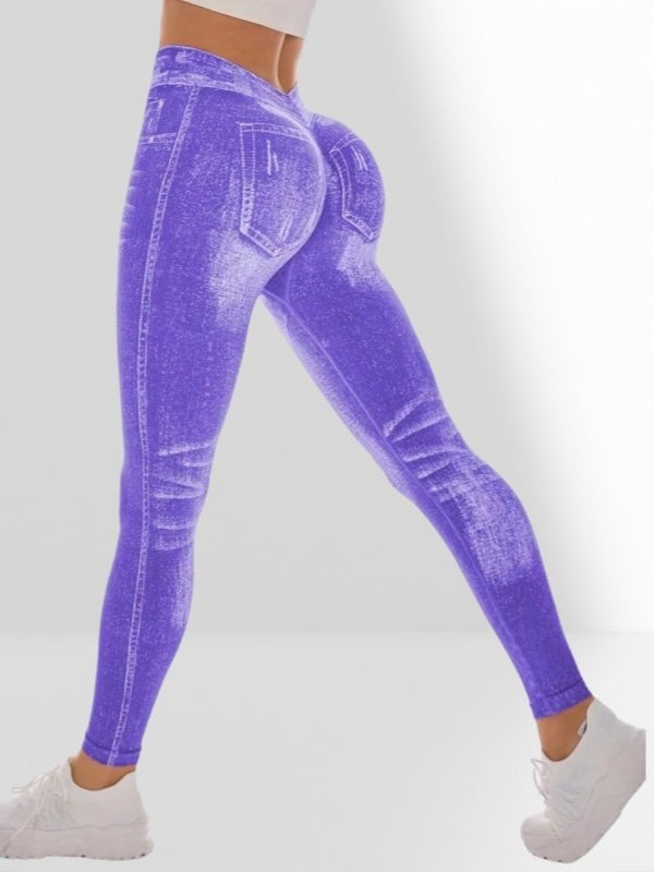 Peach Faux Denim Deep V Back Seamless Yoga Scrunch Bum Leggings