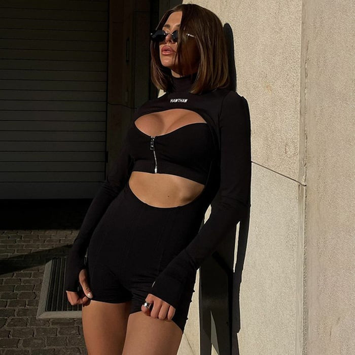 Sexy Hollow Zipper lLong Sleeve Half Turtleneck Jumpsuit